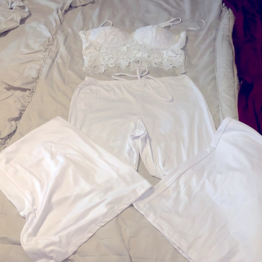 White lace Crop top and flare leg pant set